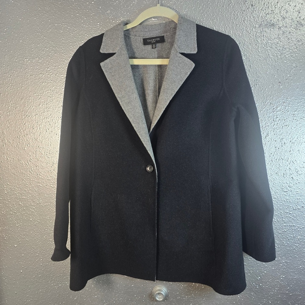 Talbots Petite Black Grey Wool Blend Single Button Blazer Jacket Size 12P